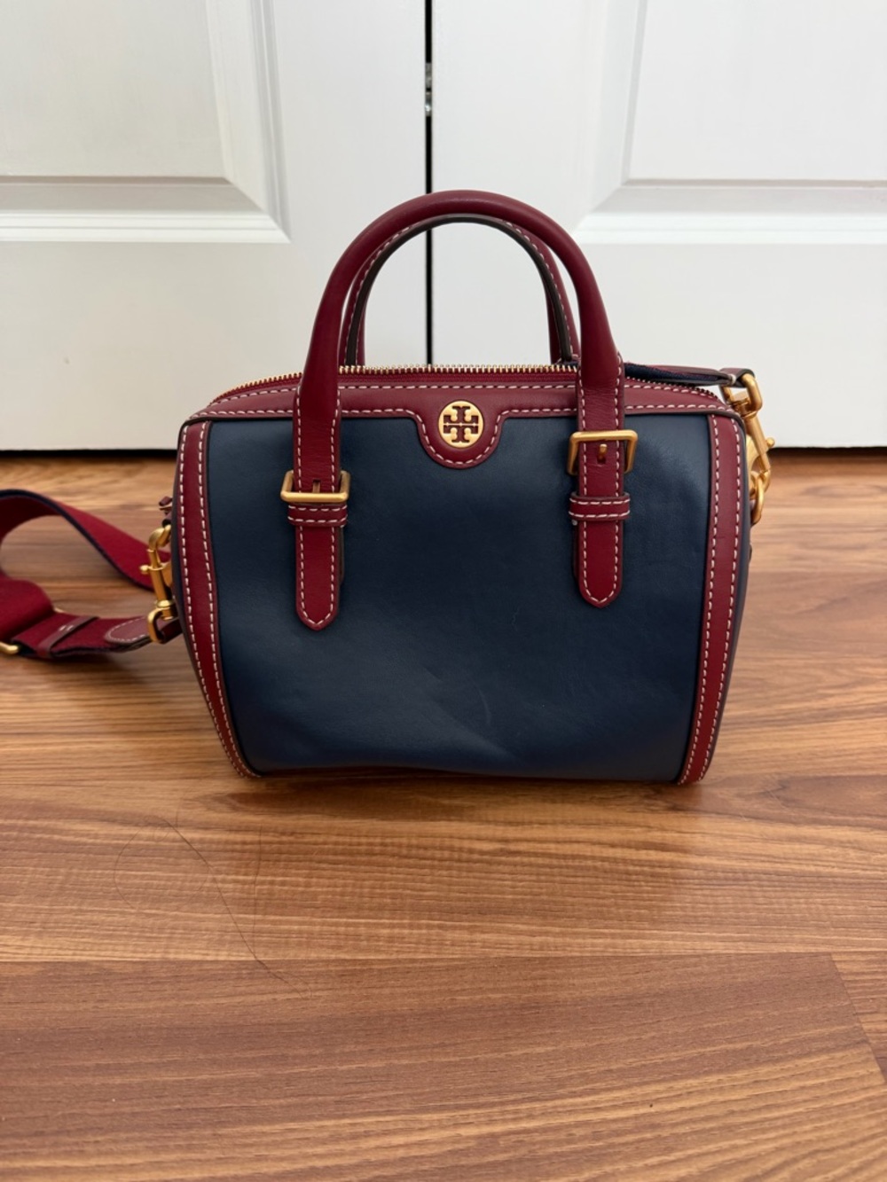 Tory Burch Navy and Burgundy Leather Mini Satchel with Gold Hardware